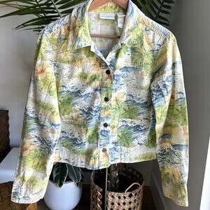Vintage Liz Claiborne L Tropical Coastal Print Button Jacket  Cotton Y2K Pastel